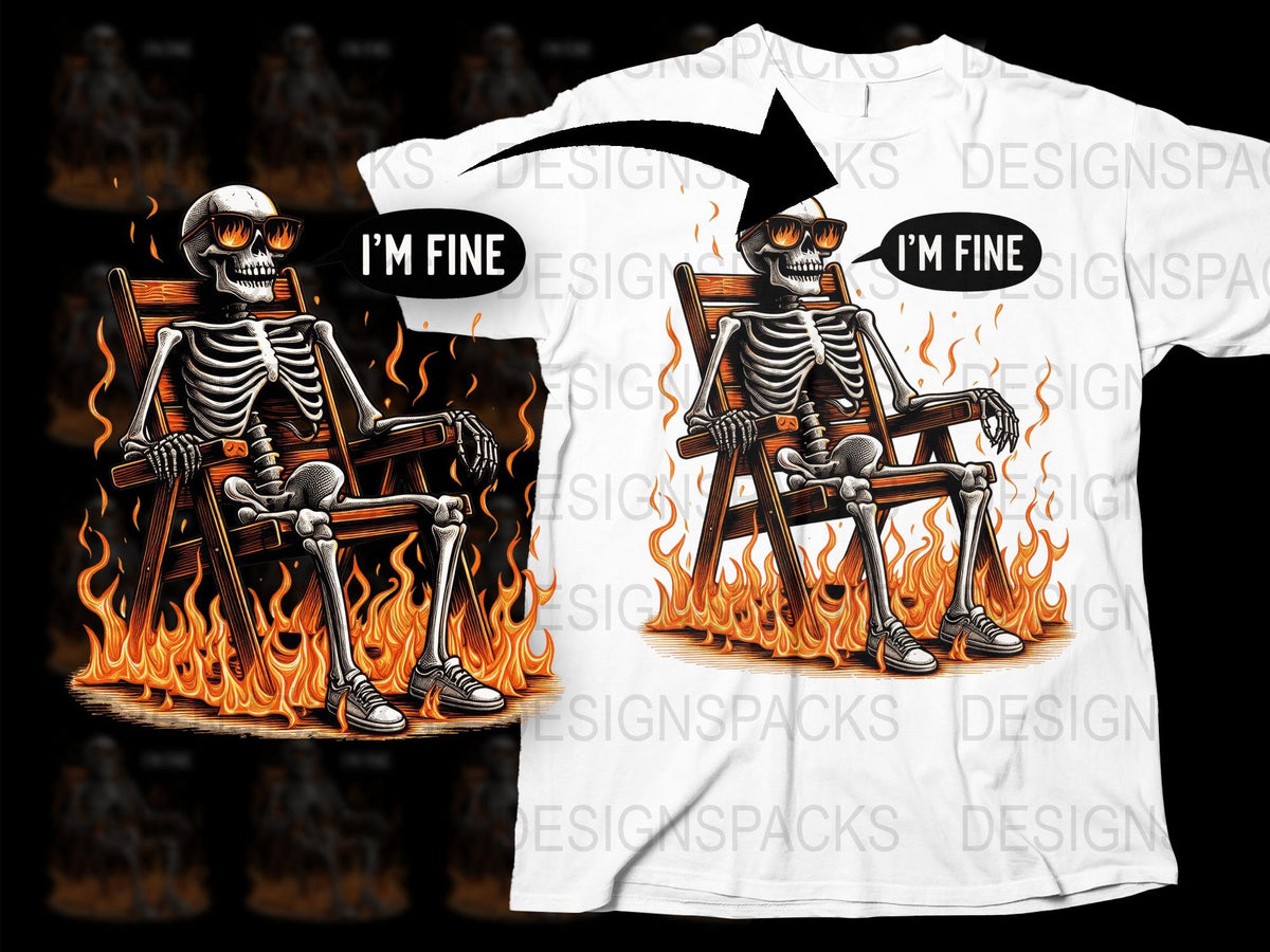 Funny Skeleton T-Shirt, 'I'm Fine' Quote, Graphic Tee with Flames, Cool Halloween Apparel, Unisex Adult Clothing