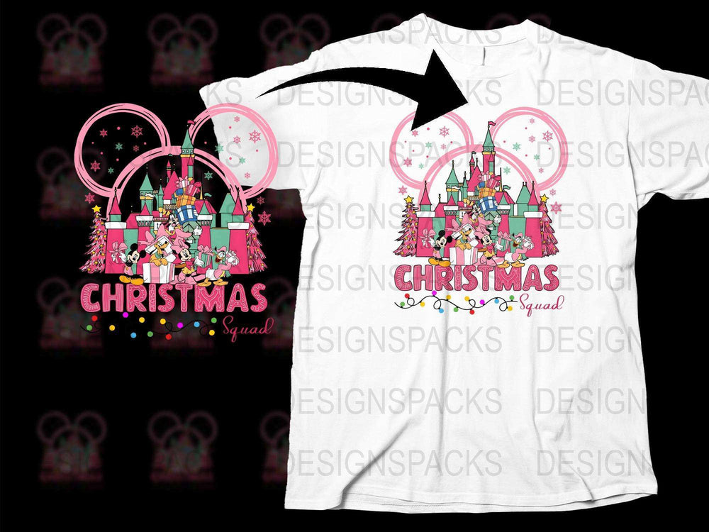 Christmas Squad T-Shirt, Festive Holiday Tee, Pink Castle, Snowflakes, Family Matching Outfits