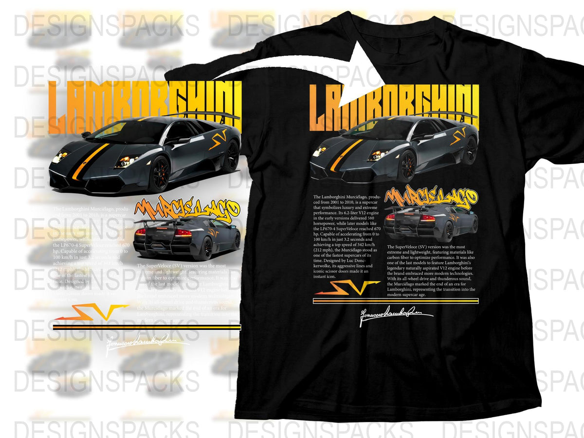Lamborghini Murcielago SV Graphic T-Shirt, Exotic Car Fan Apparel, High-Quality Print Black Tee