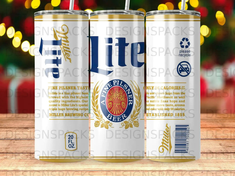 Miller Lite 20 oz tumbler with beer branding and "please recycle" label.