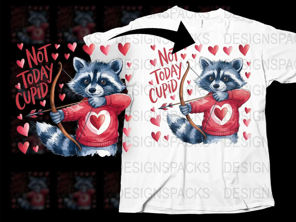 Not Today Cupid Raccoon T-Shirt, Funny Valentine's Day Tee, Heart Graphic, Quirky Love Shirt, Unisex Adult Clothing