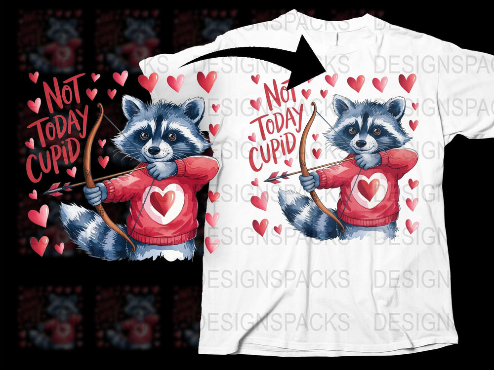 Not Today Cupid Raccoon T-Shirt, Funny Valentine's Day Tee, Heart Graphic, Quirky Love Shirt, Unisex Adult Clothing