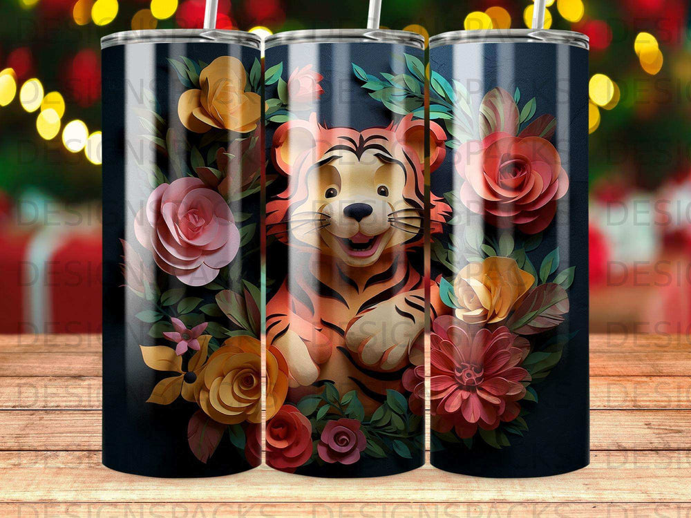 Tigger character surrounded by colorful paper flowers on a dark background.
