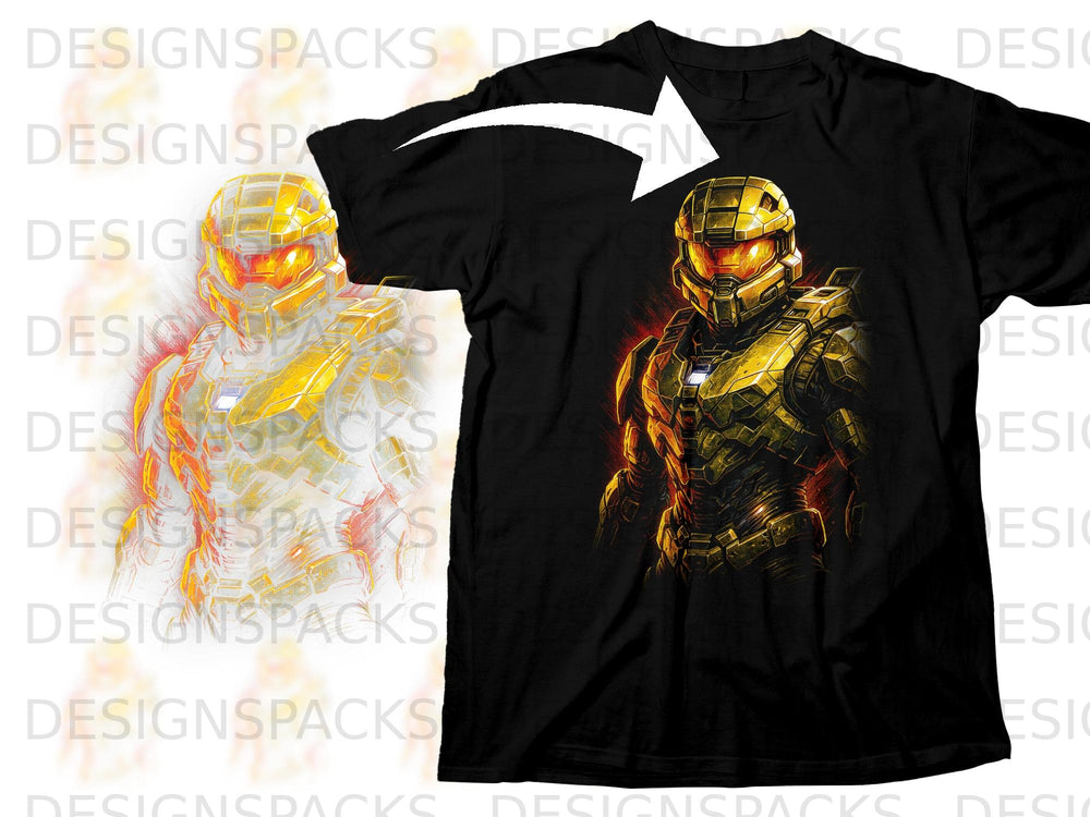 Black t-shirt featuring a golden armored figure with glowing orange visor and accents.