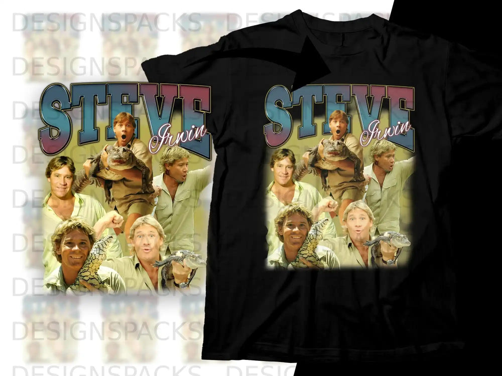 Steve Irwin collage graphic on a black t-shirt.