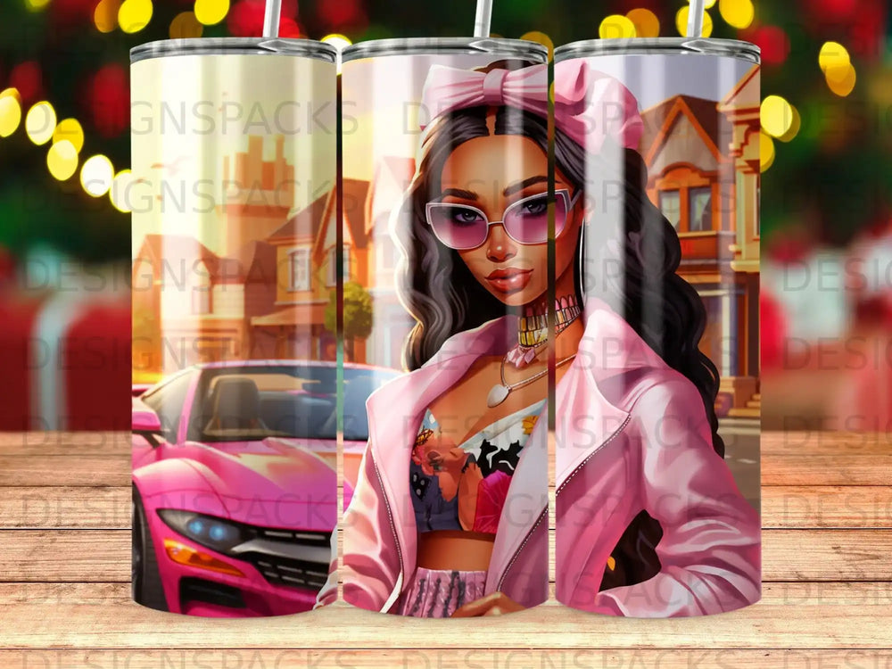 Woman in pink jacket and sunglasses, with a cityscape background.