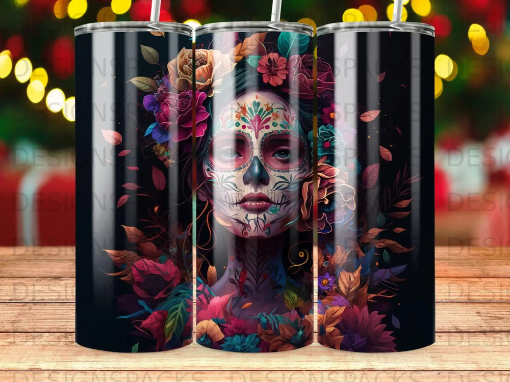 Vibrant Calavera Floral Tumbler Digital Wrap Design