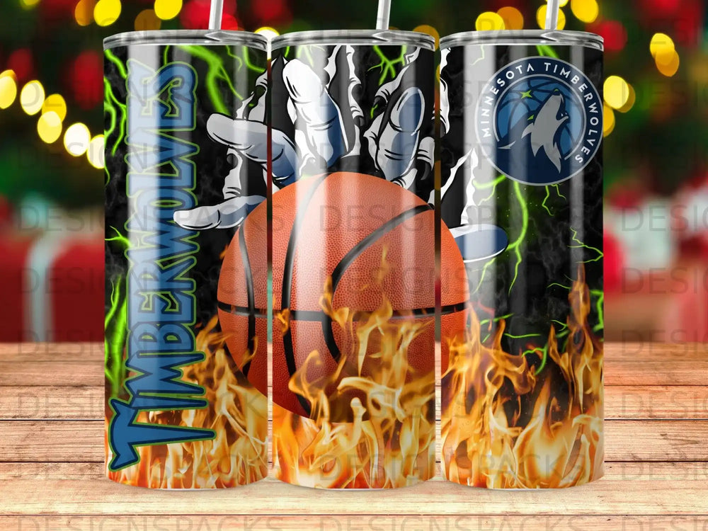 Minnesota Timberwolves basketball and flaming logo on a tumbler.