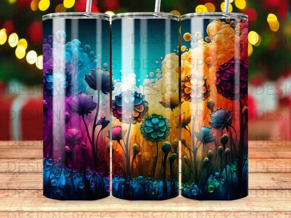 Three tumblers with vibrant, abstract floral designs in shades of blue, purple, and orange.