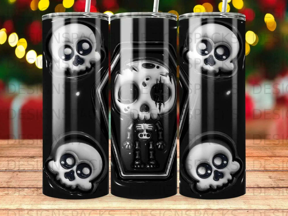 Black tumbler with a repeating pattern of stylized skulls and skeleton characters.