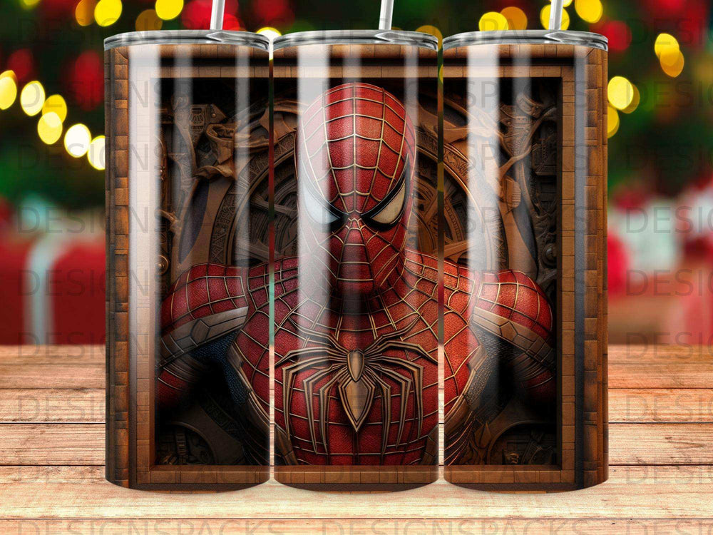 Spiderman bust on a wood grain tumbler with red and gold accents.