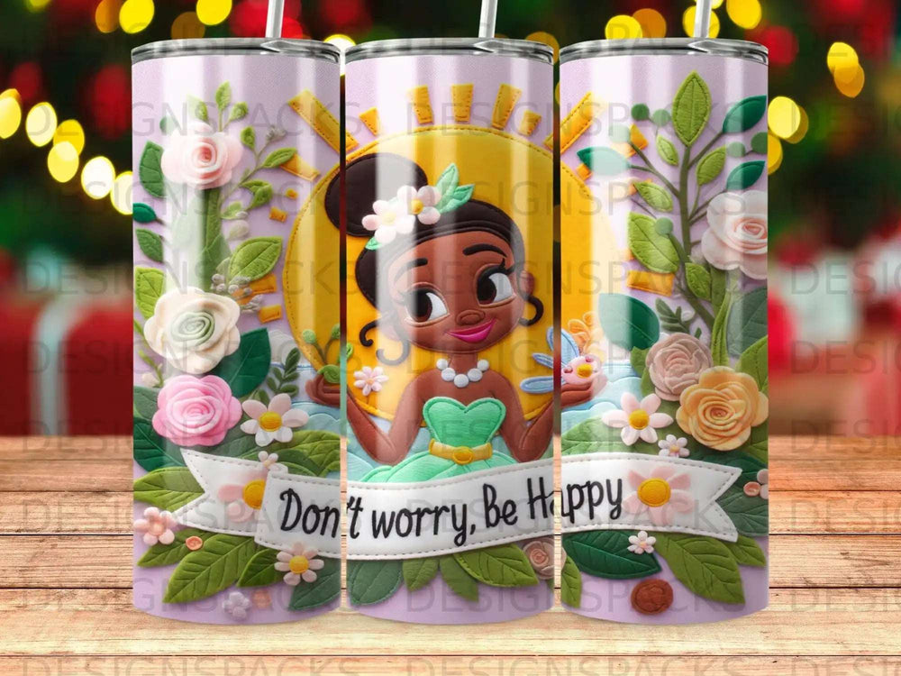 Tiana in green dress with "Don't worry, Be Happy" banner, surrounded by flowers and sun.