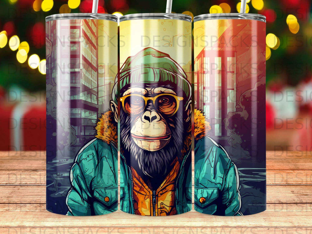 Gorilla in sunglasses and beanie on city street.