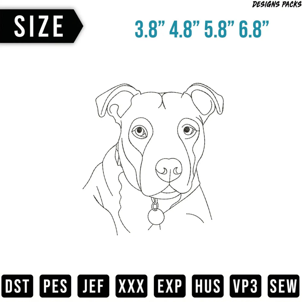Pit bull sketch with size options and embroidery file formats.