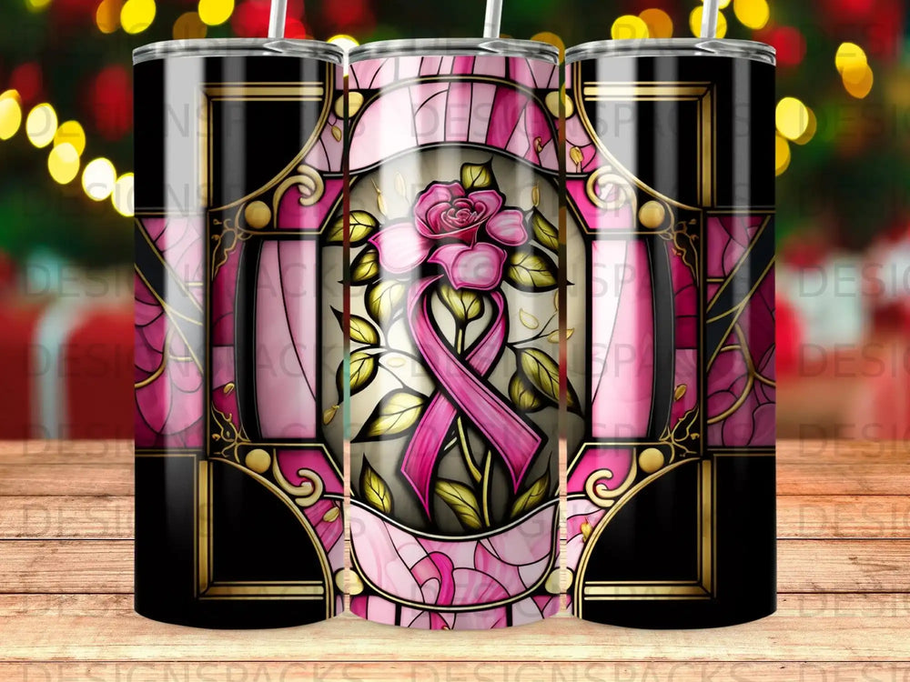 Pink ribbon and rose stained glass design with black borders.