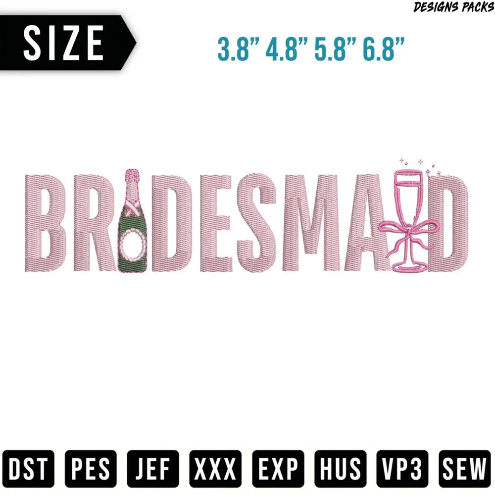 Bridesmaid text with bottle and champagne glass; sizes and file types listed.