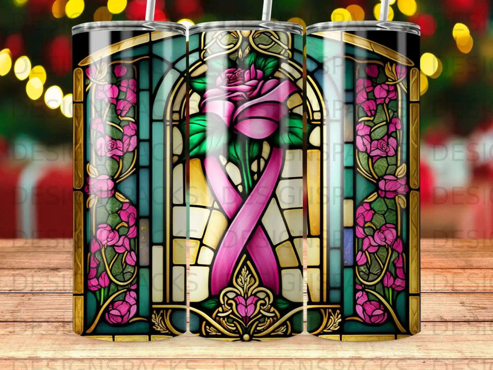 Stained glass tumbler featuring a pink ribbon and roses.