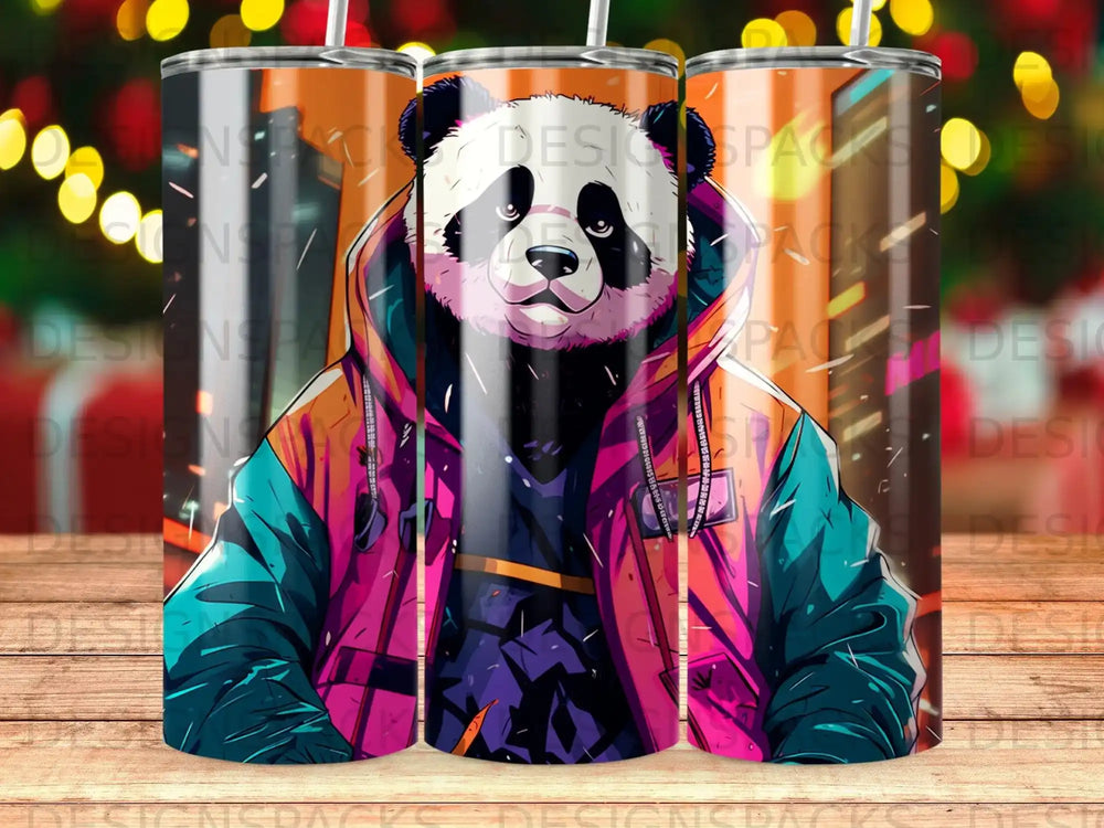Panda wearing a hoodie and jacket, graphic design for a tumbler.