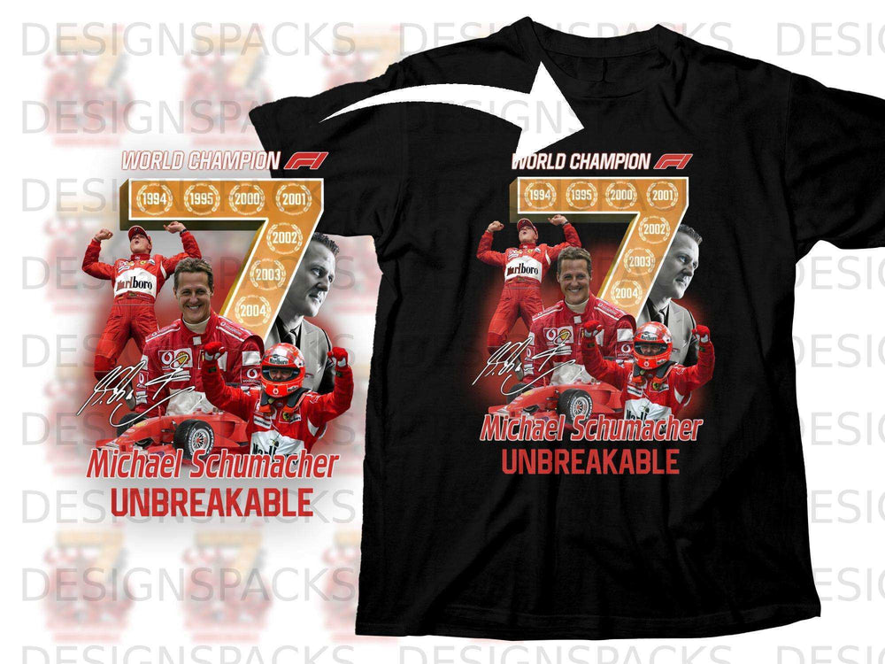 Black t-shirt featuring Michael Schumacher and F1 World Championship years.