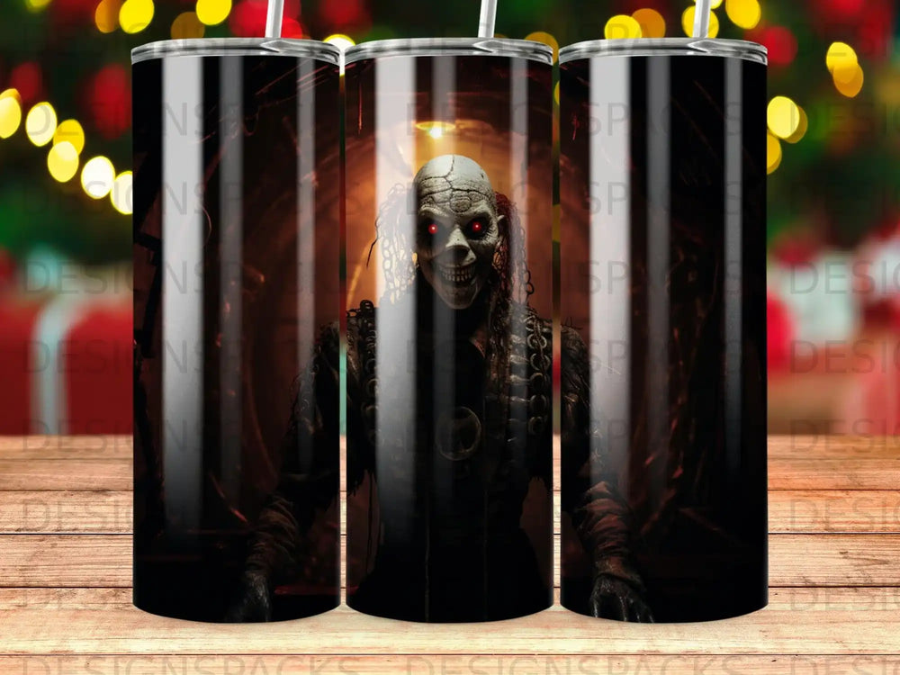 Scary zombie with red eyes in dark, eerie lighting.