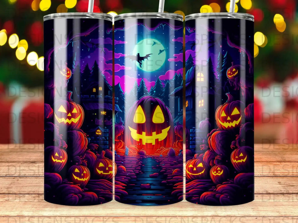 Spooky Halloween scene with Jack-o'-lanterns, haunted houses, and a full moon.