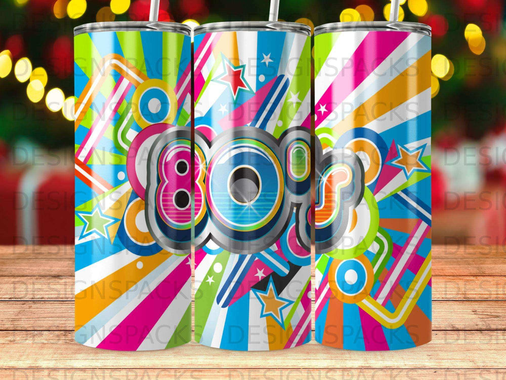 Retro 80s graphic with neon colors, stars, and stripes.