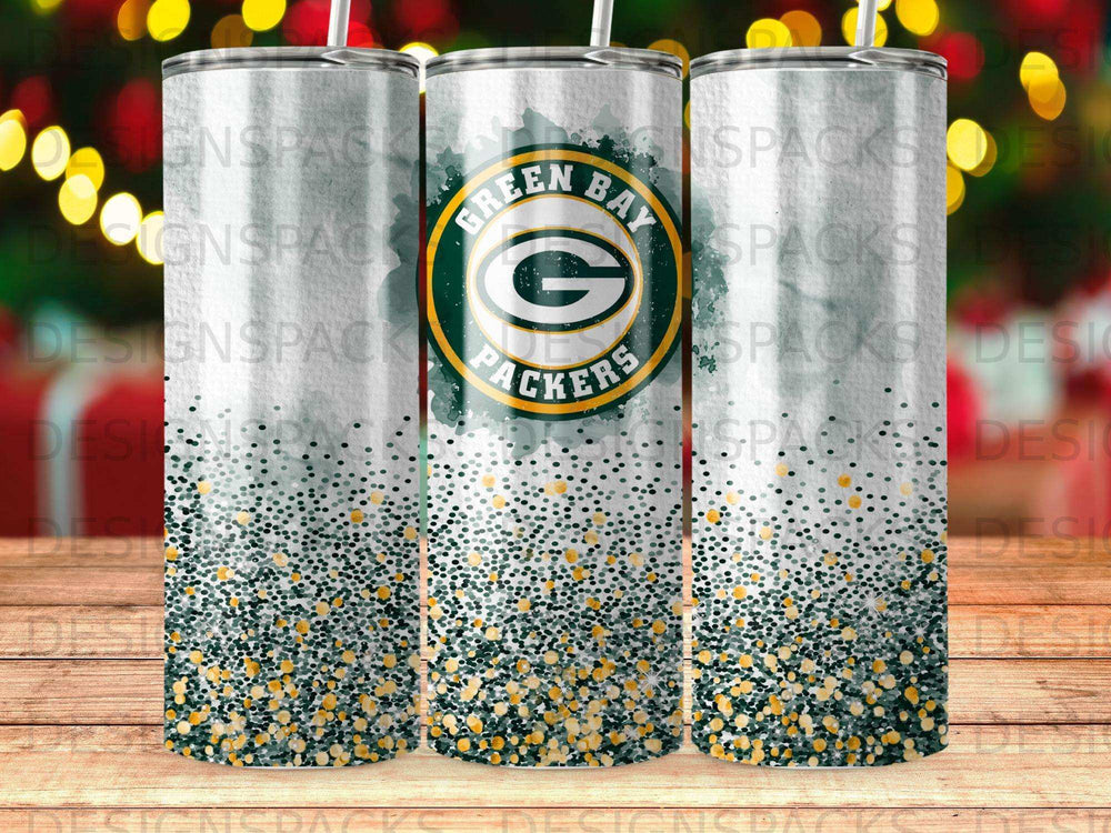 Green Bay Packers logo with glitter on a skinny tumbler.