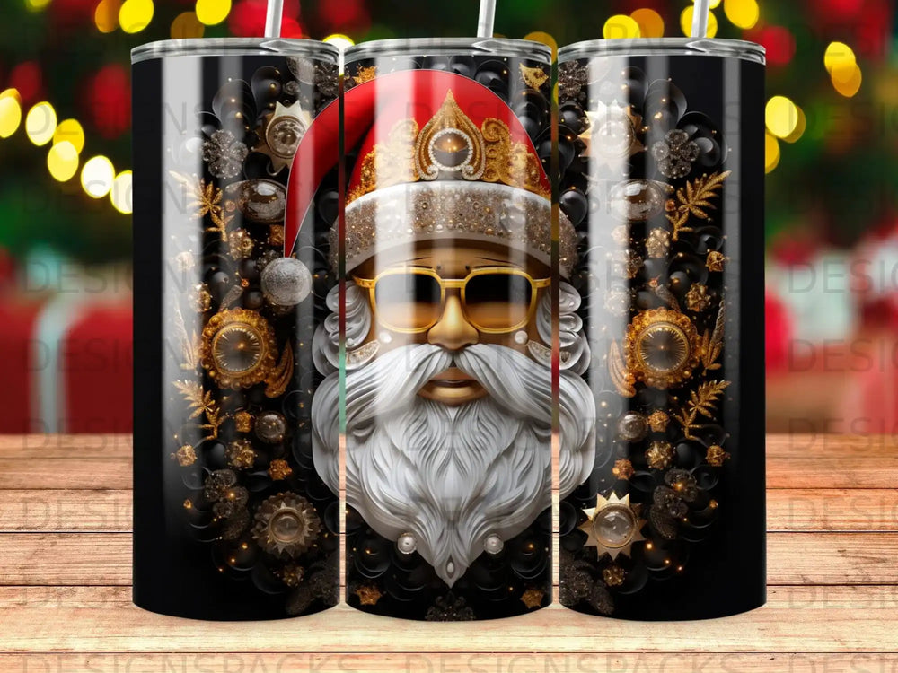 Santa Claus with sunglasses and ornate gold decorations on a black background.