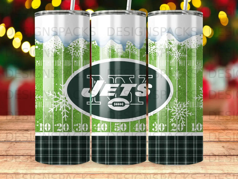 Green Jets logo on a tumbler with a plaid and snowflake pattern.