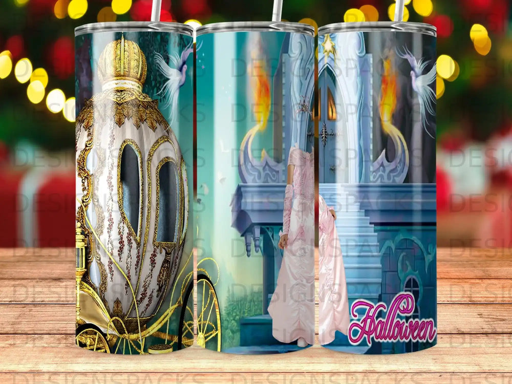 Cinderella's carriage and fairytale castle with "Halloween" text.