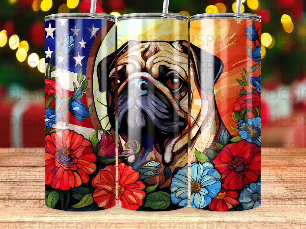 Pug with American flag and floral design on a tumbler.