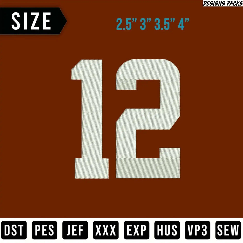 White number 12 embroidery applique with size options and file formats listed.