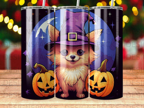 Chihuahua in a witch hat with pumpkins under a crescent moon.