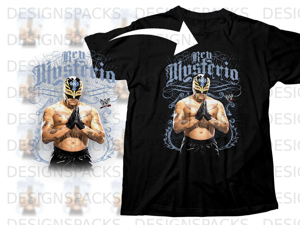 Black t-shirt with Rey Mysterio's portrait and "Rey Mysterio" text.