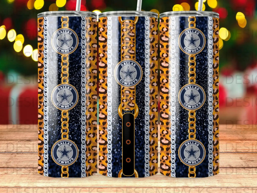 Dallas Cowboys tumbler with chain and leopard print design.