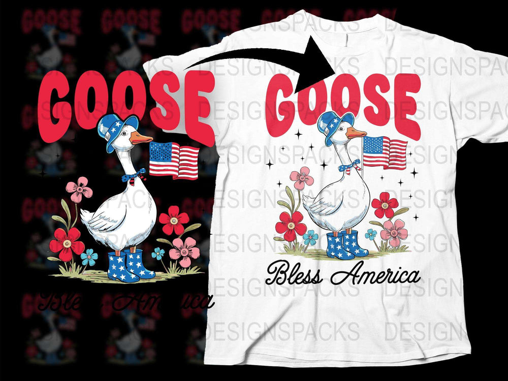Patriotic Goose T-Shirt, Bless America Flag Design, Cute Farm Animal, 4th of July Apparel