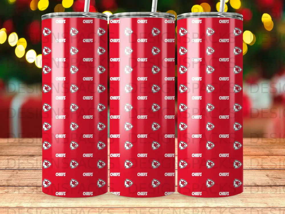 Kansas City Chiefs logo repeated on red and white tumblers.