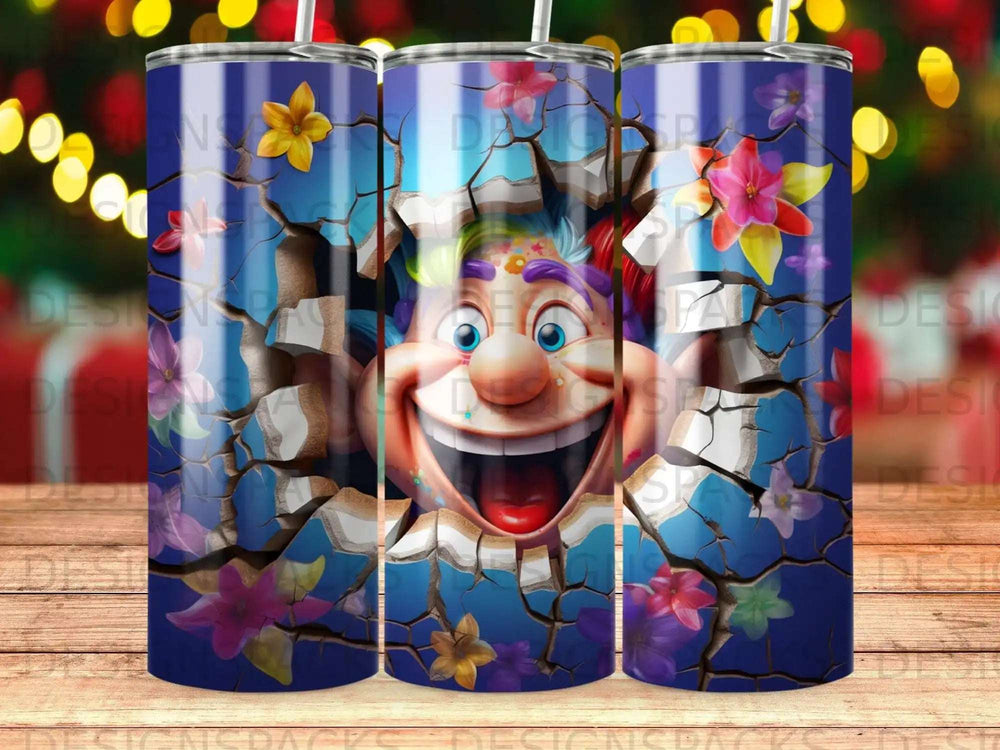 Cartoon character with colorful hair bursting through a cracked blue surface with flowers.
