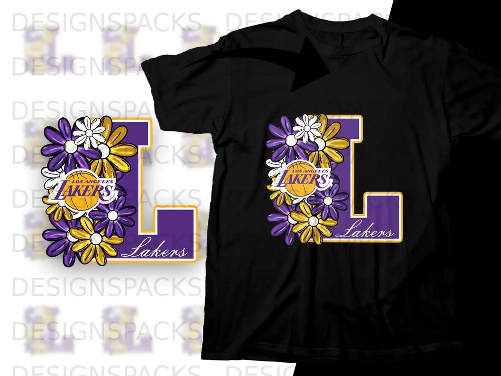 Black t-shirt with purple and yellow "Lakers" logo featuring floral accents.
