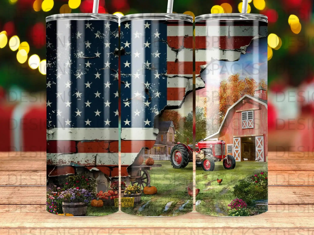 American flag barn scene with pumpkins for sale.