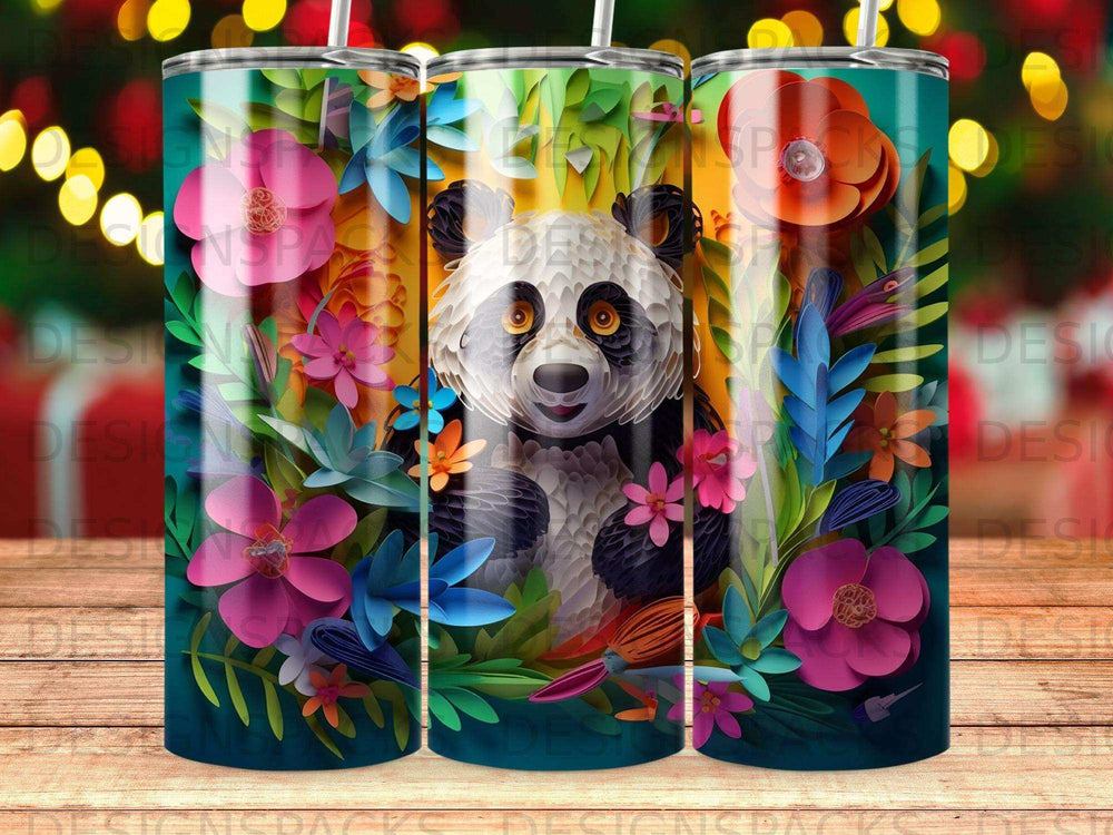 Panda surrounded by colorful flowers and leaves.