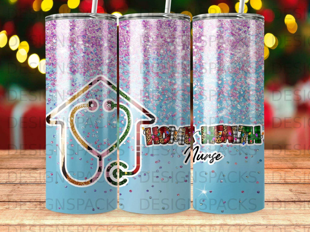 Pink glitter tumbler with stethoscope house and "Nurse" text.