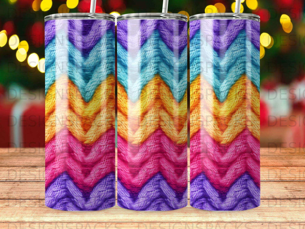Tall tumbler with colorful chevron knit pattern.