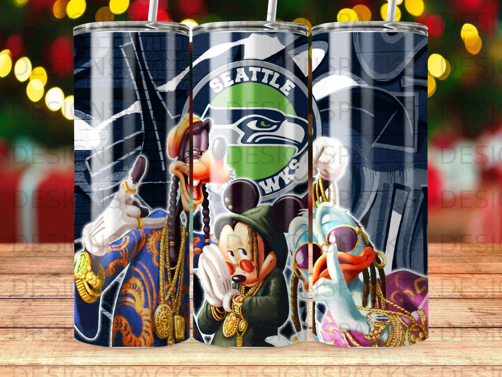 Mickey Mouse, Donald Duck, and Snoop Dogg in Seattle Seahawks gear.