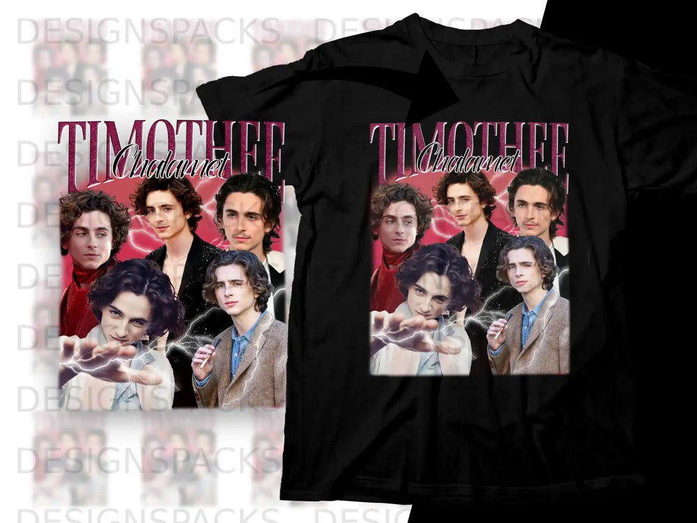 Timothée Chalamet collage on black t-shirt.