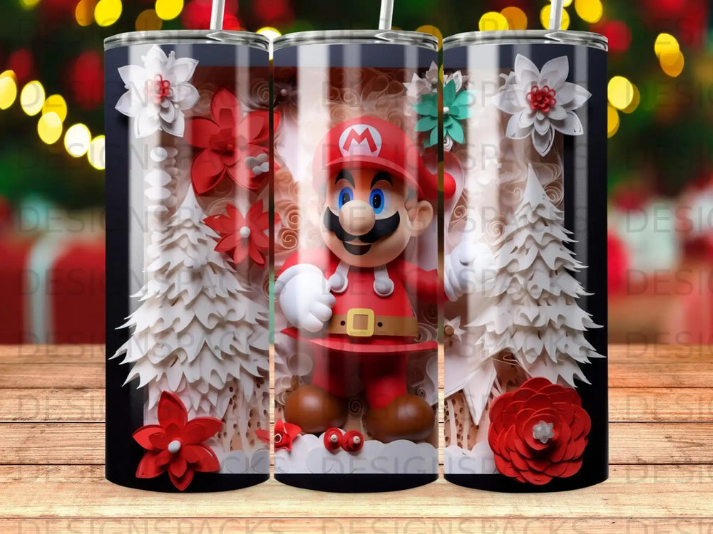 Mario character in a Santa suit on a festive Christmas-themed tumbler design.