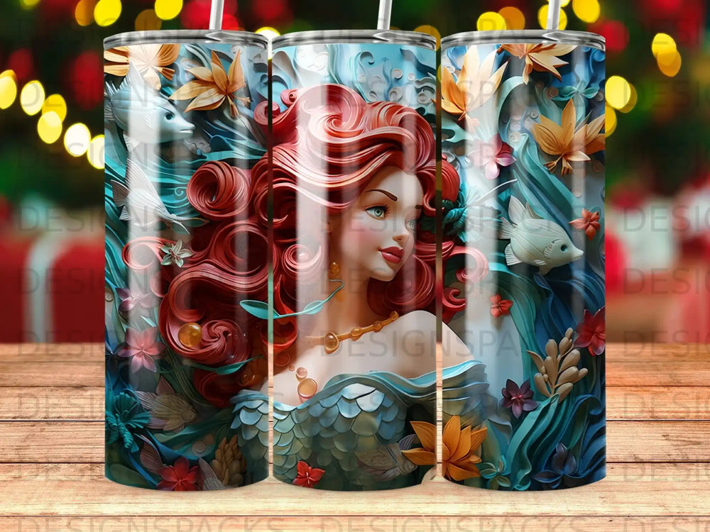 Mermaid with flowing red hair and blue-green tail, surrounded by flowers and fish.
