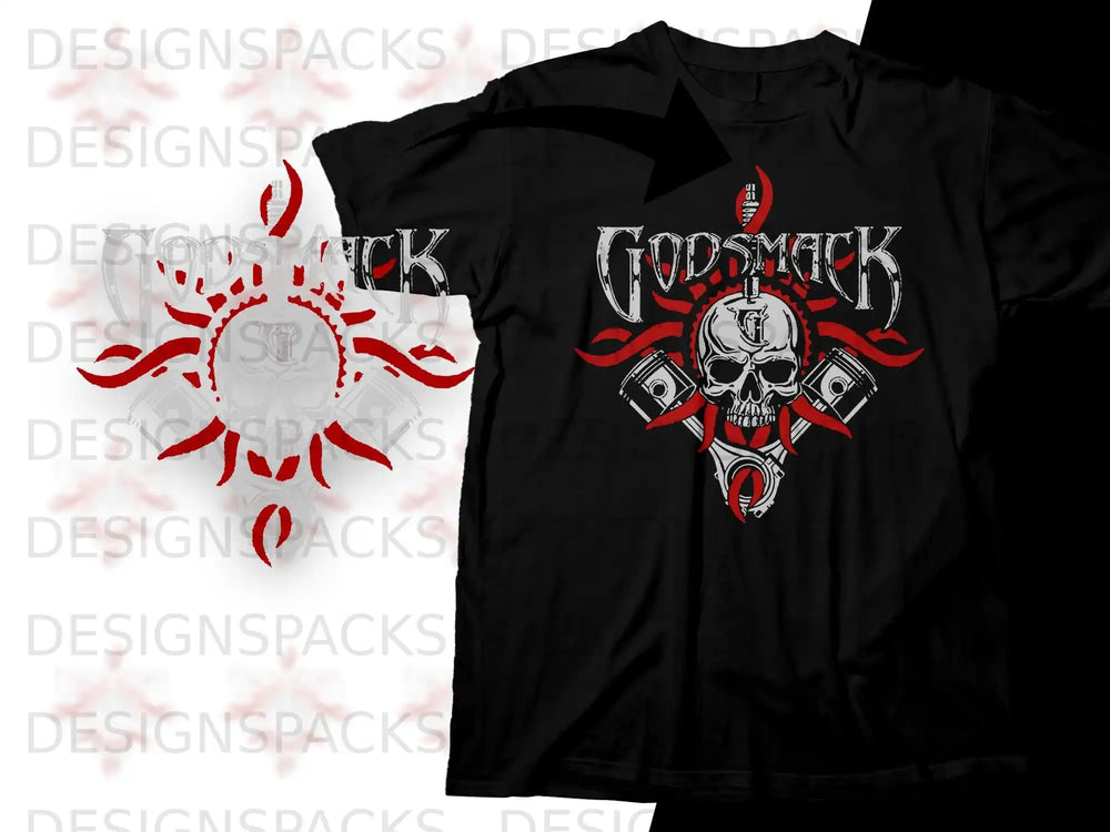 Godsmack skull logo with pistons and flames on a black t-shirt.