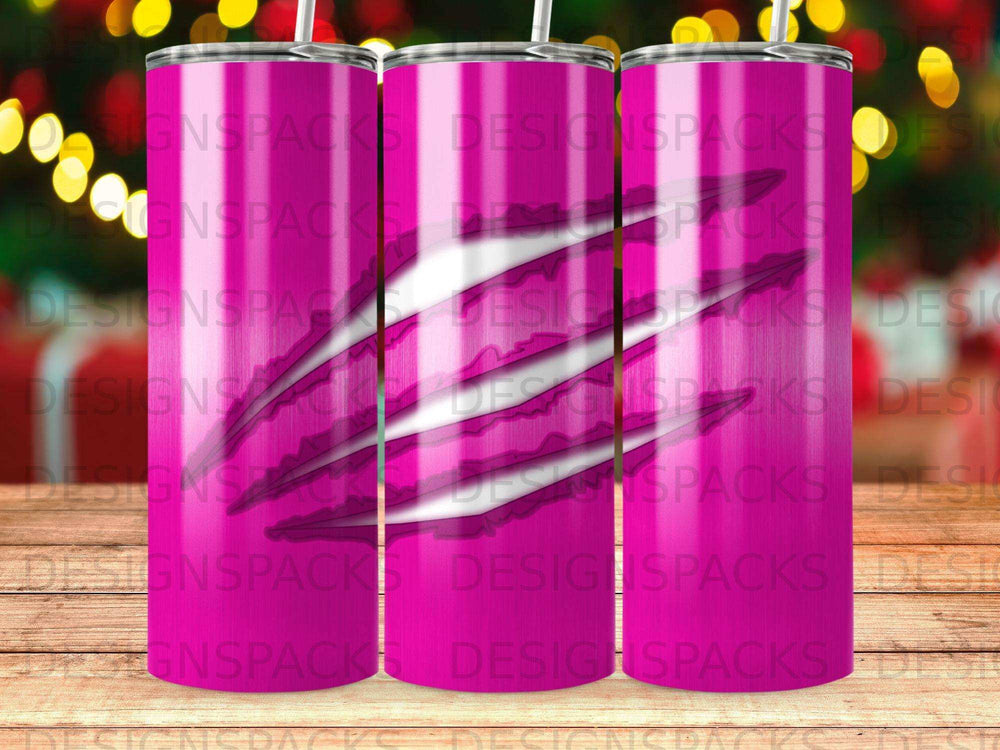 Pink tumbler with torn paper effect and repeating "DESIGNSPACKS" watermark.