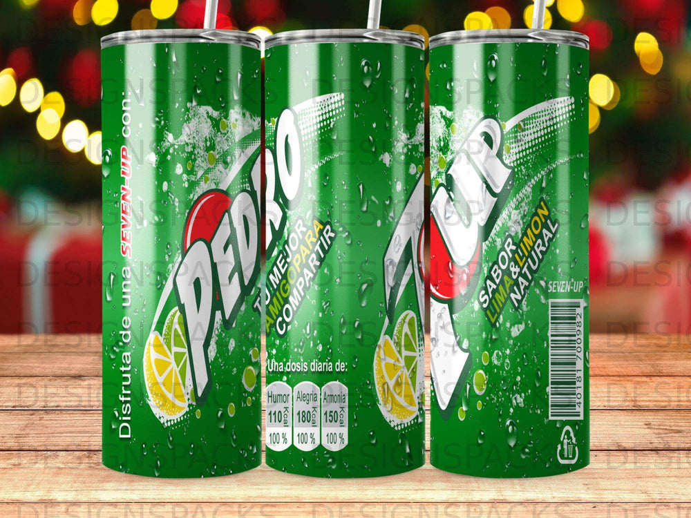 Seven-Up soda cans with lime and lemon flavor, featuring "Pedro" branding.